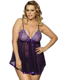 Plus-size black lace and mesh sling dress lingerie for sleepwear, shown on a hanger.