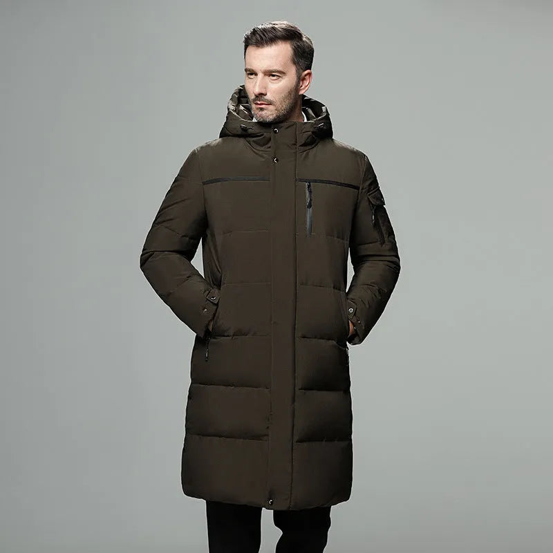 Long padded down jacket for men in black colour with white duck down filling polyester shell