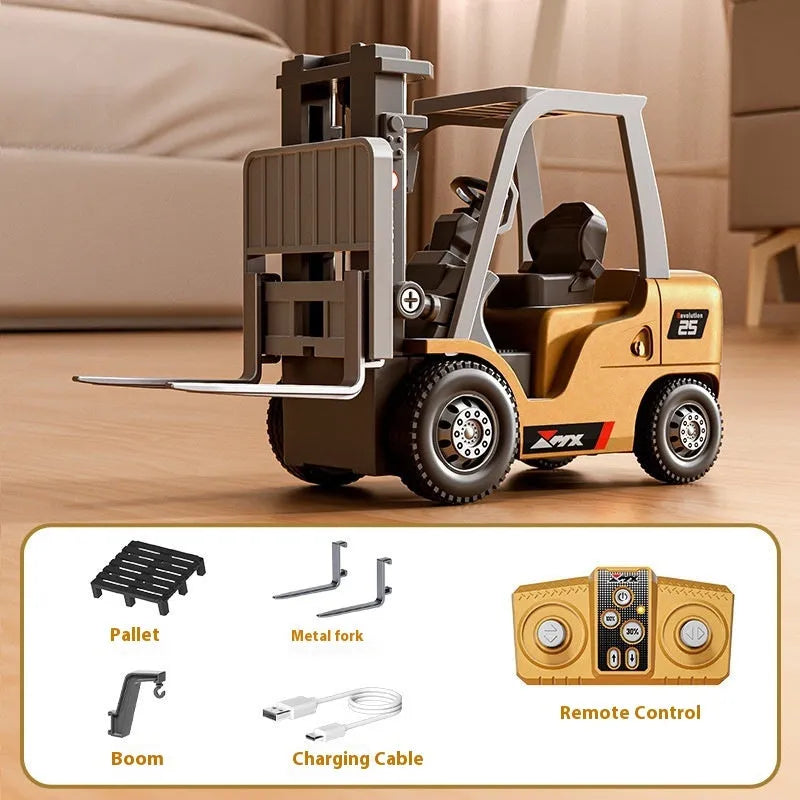 1:64 scale alloy remote control forklift engineering model with cargo forks and wooden pallet