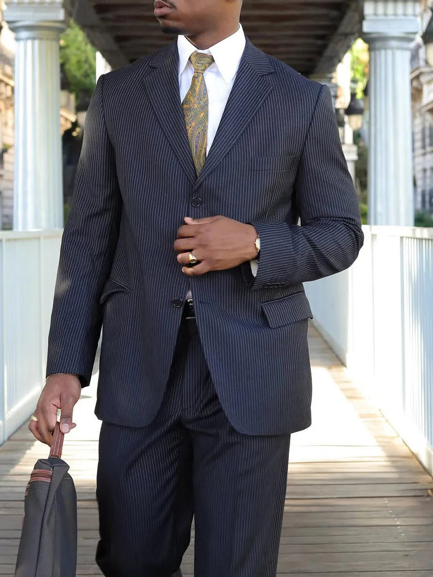 Men's classic striped suit set with high waist trousers and regular-fit blazer in polyester