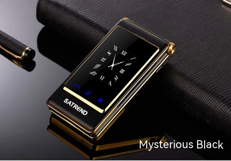 A15 dual screen flip mobile phone in black showing open 3-inch touchscreen and closed 1.44-inch external screen.