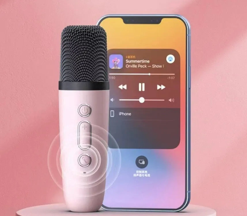 Bluetooth karaoke speaker with LED coloured lights in white, pink, or sky blue with microphone