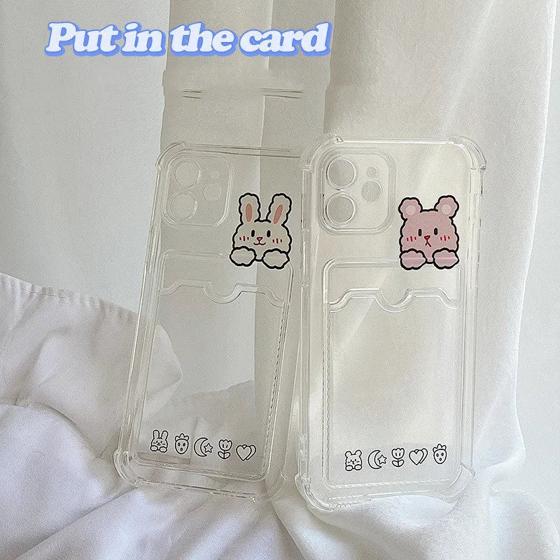 Clear cartoon design TPU phone case with a credit card slot for Apple iPhone.
