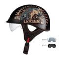 Retro full-face motorcycle helmet in Bright Black Whirlwind Dog colour, available in sizes M to 2XL for universal fit
