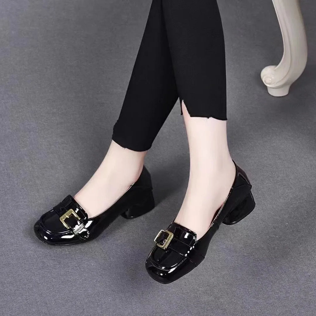 Pair of new British soft-soled women's flats in solid colour black with square heel and cowhide upper