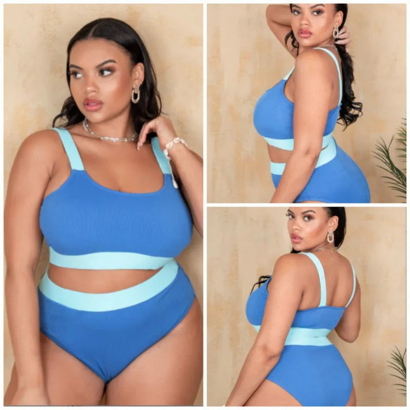 Solid colour women's high-waist bikini split swimsuit set in polyester fabric.