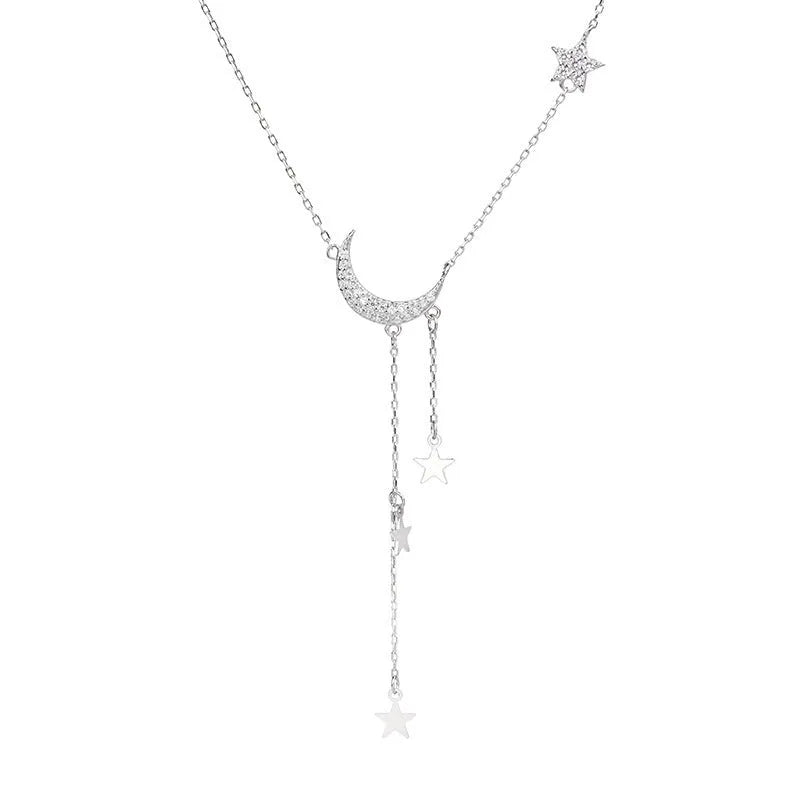 Super Fairy Moon Necklace XINGX tassel pendant copper mixed gem inlay adjustable chain silver white finish