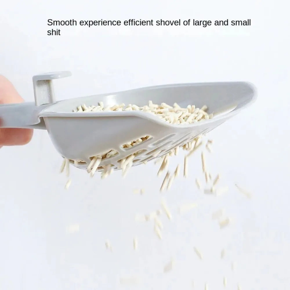 Grey plastic cat litter scoop with integrated base tray for waste containment during cleaning