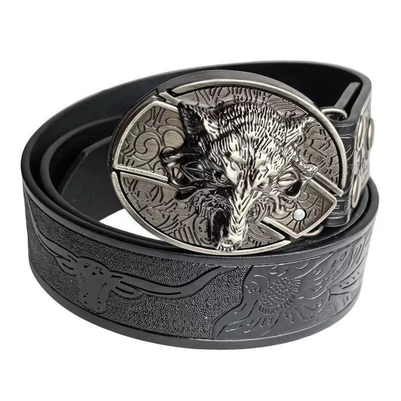 Men's casual all-match smooth buckle belt with black wolf head alloy buckle in black imitation leather