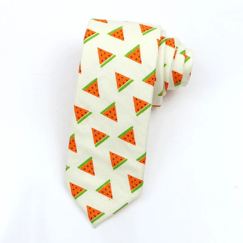 Narrow Korean-style cotton bow tie with a printed cartoon pattern.
