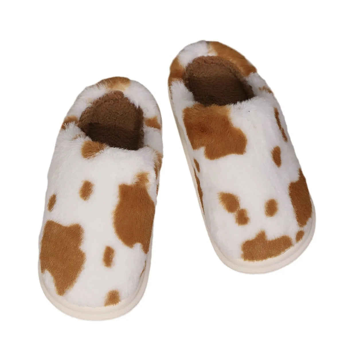 Cow spotted plush slippers with non-slip sole, available in black brown coffee pink for women and men