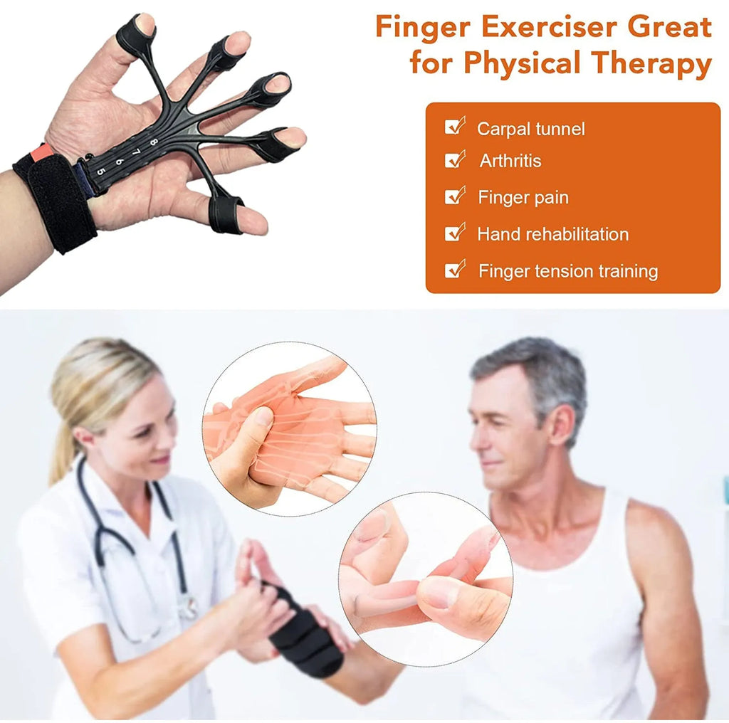 Black silicone finger rehabilitation trainer with adjustable resistance band for flexion and extension exercises