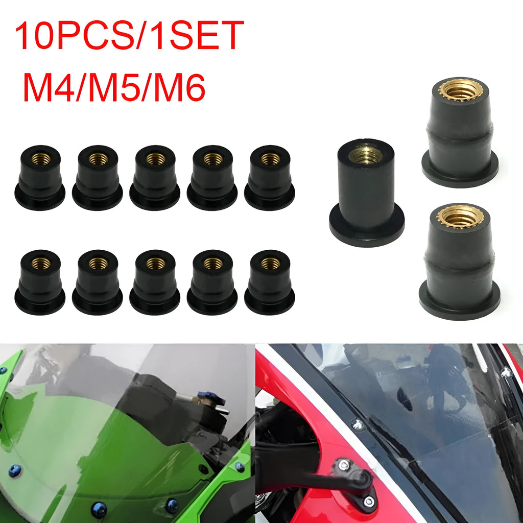 Black rubber motorcycle windscreen fasteners with brass threads in M4 M5 M6 sizes