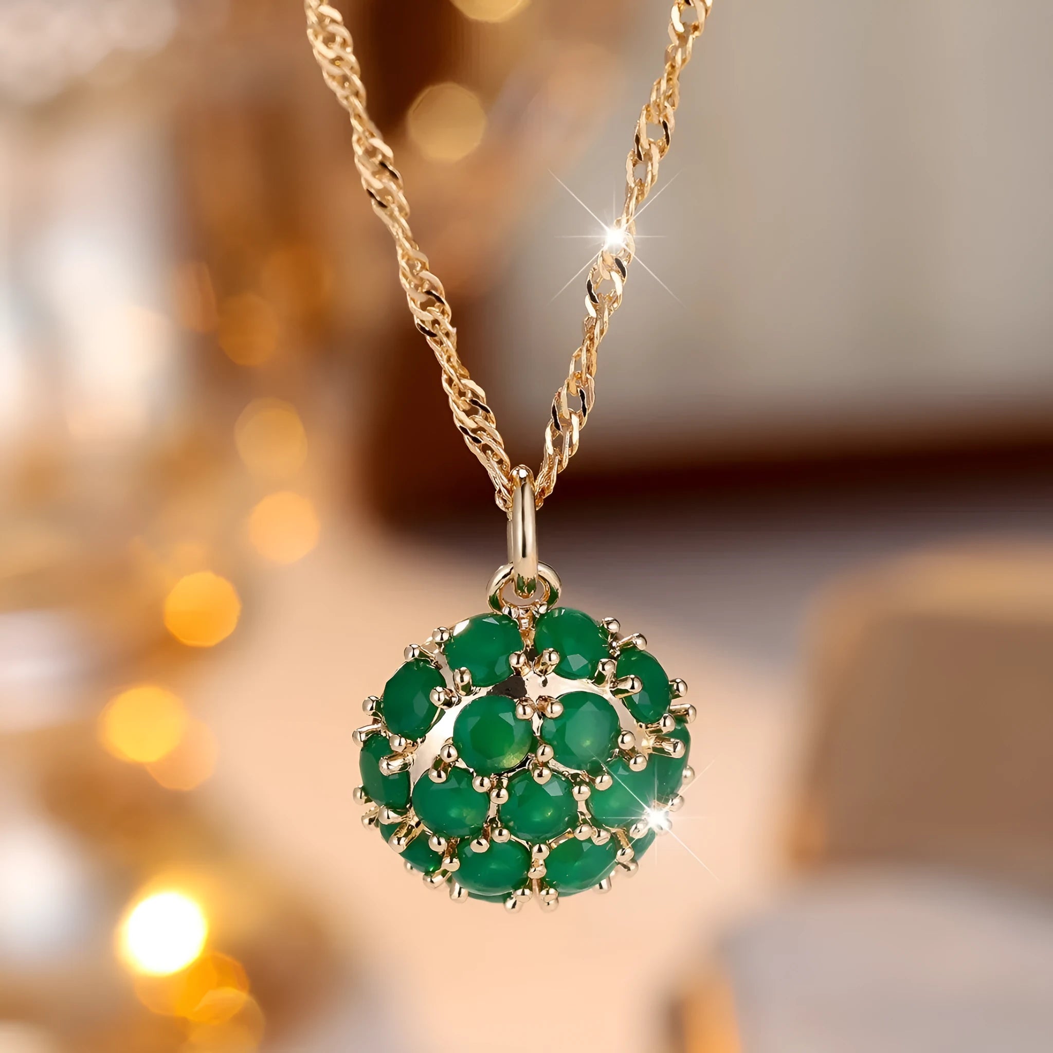Round emerald and diamond necklace with champagne gold finish on 51-60cm chain