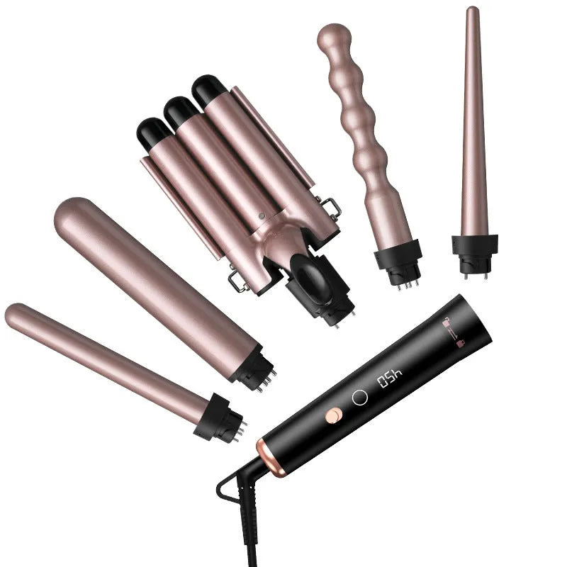 Rose gold five-barrel interchangeable hair curler with LCD screen and protective gloves