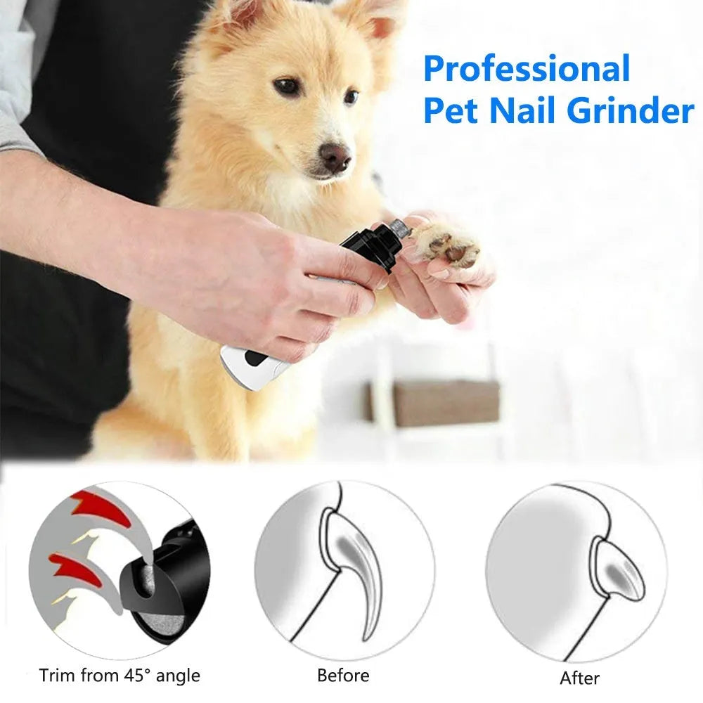 White and grey electric pet nail trimmer with LED display and dust collection port