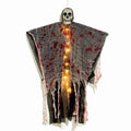 Plastic blood-dyed luminous skull ghost Halloween hanging ornament for outdoor use.