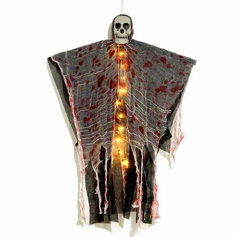 Plastic blood-dyed luminous skull ghost Halloween hanging ornament for outdoor use.
