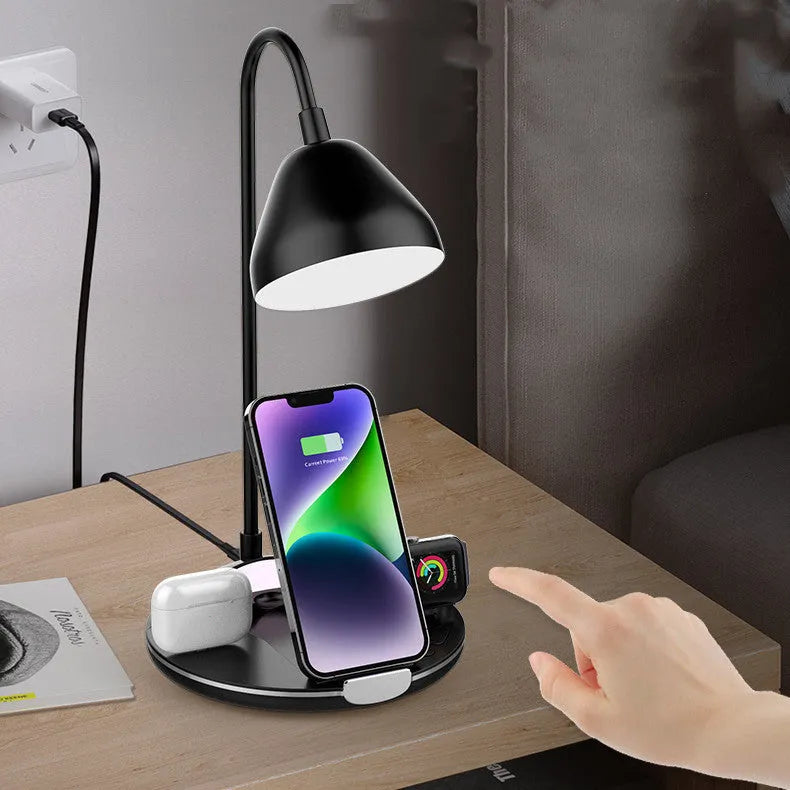 Black magnetic folding wireless charger with stand function showing folded and unfolded positions