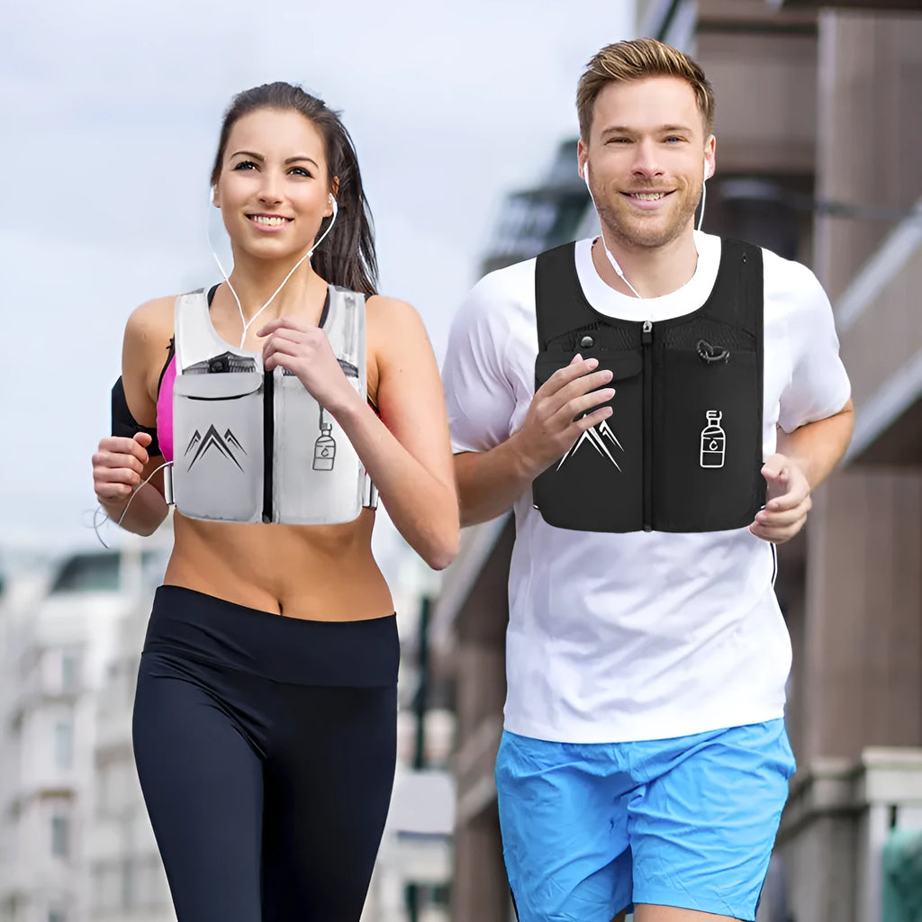 Sports running vest with integrated phone bag in breathable mesh fabric