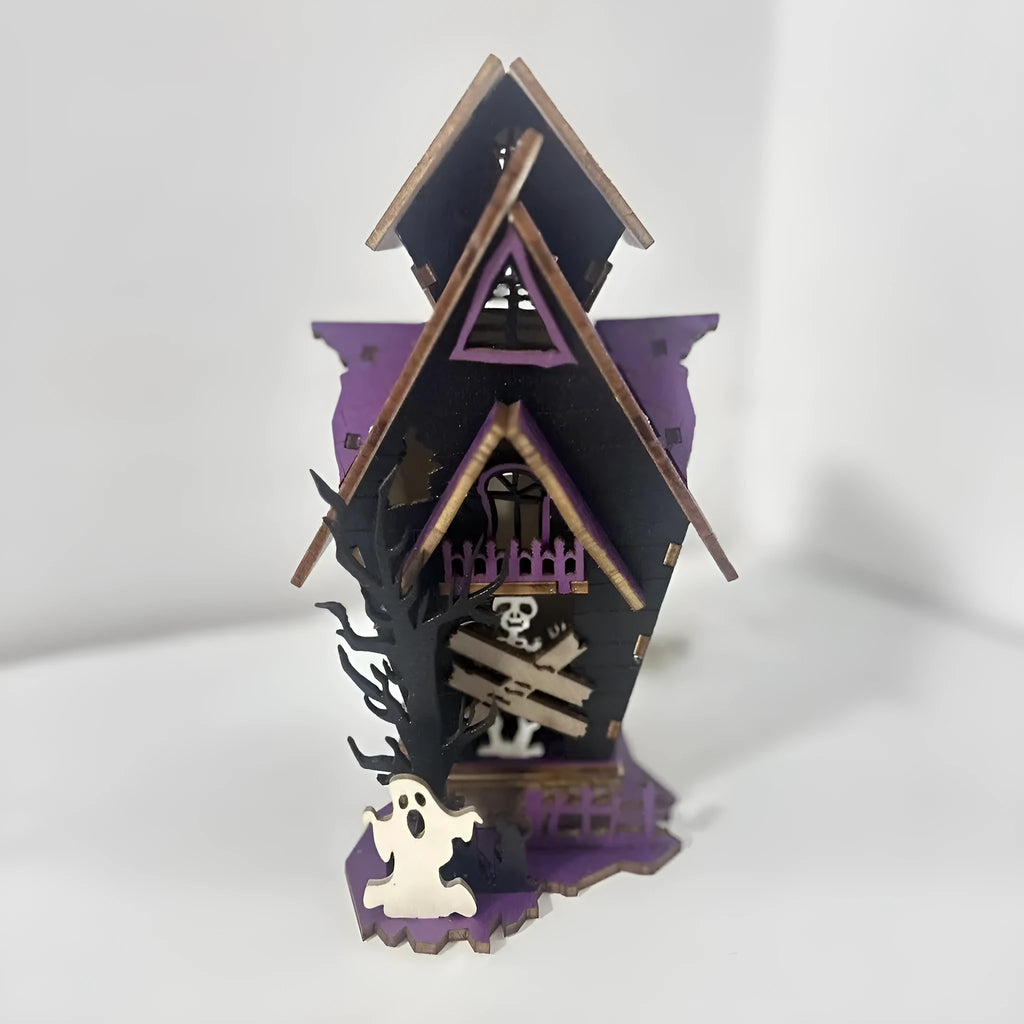 Wooden haunted house decoration with candlestick functionality measuring 14x10.5x19cm for Halloween table displays