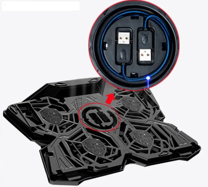 Blue laptop cooling pad with four illuminated fans and USB ports on adjustable base