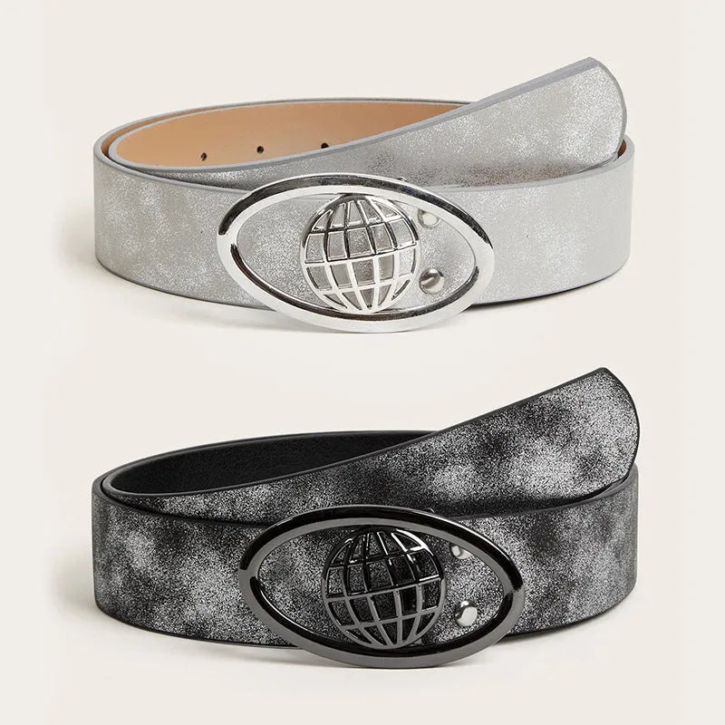 Women's thick retro belt with oval alloy buckle in PU leather, shown in vintage grey white colour