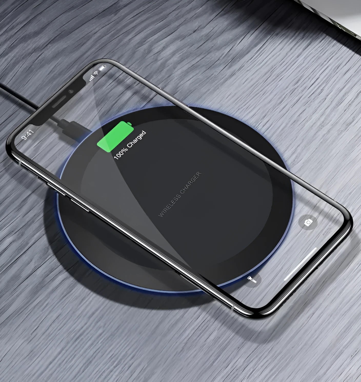 Black 10W 5W fast wireless phone charger on desk with slim 8mm profile