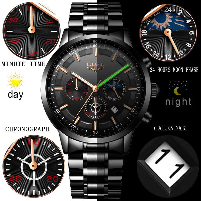 Men's waterproof quartz sports watch showing 12mm thick case in black with rose gold colour combination