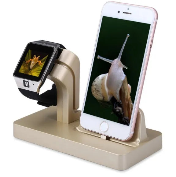 White 2-in-1 charging dock station holding an iPhone and an Apple Watch upright on a desk.