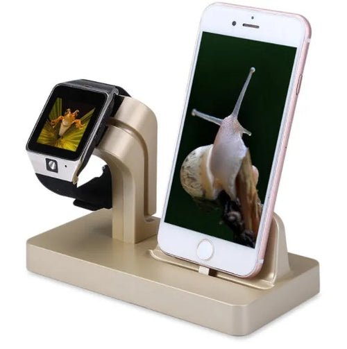 White 2-in-1 charging dock station holding an iPhone and an Apple Watch upright on a desk.