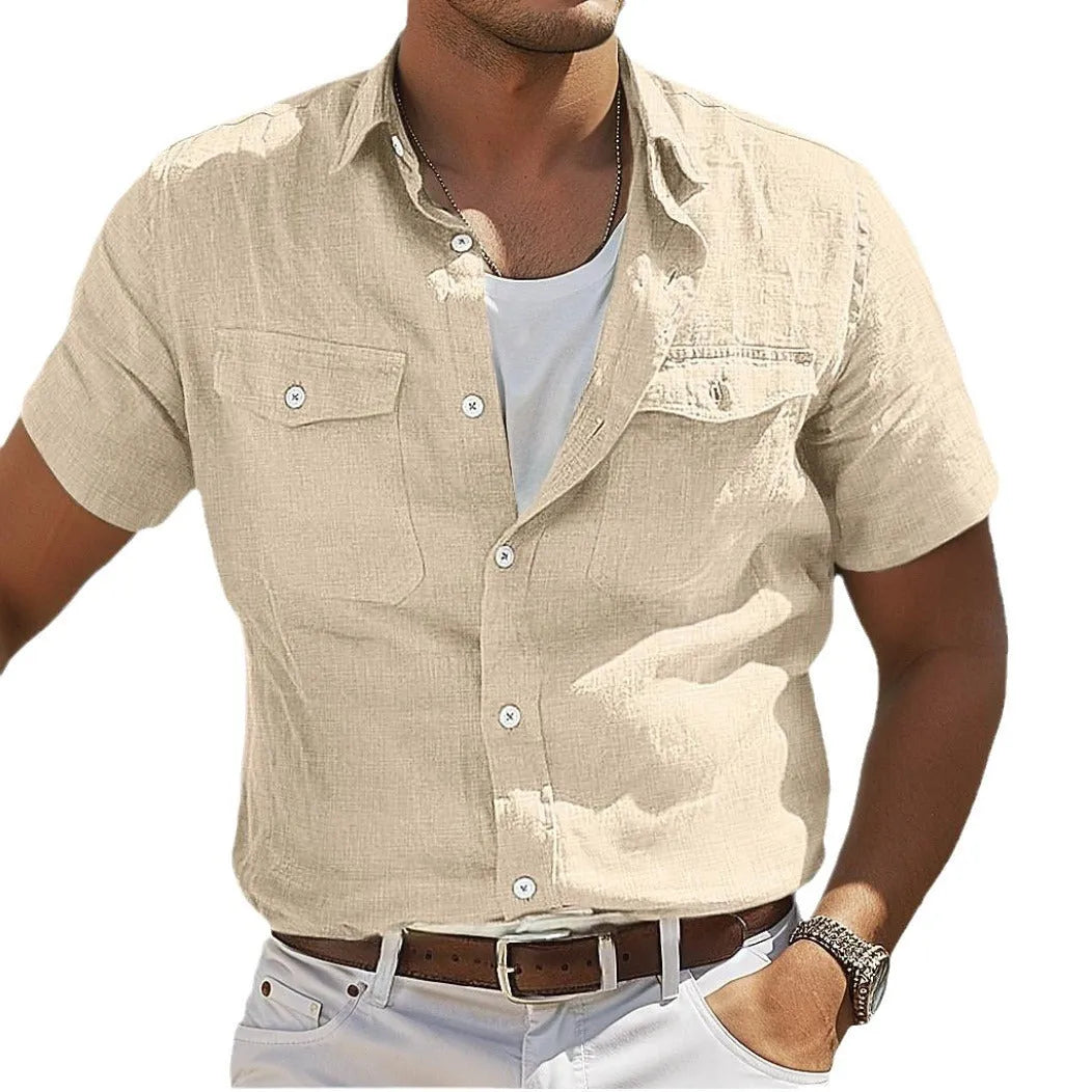 Men's loose fit cotton linen shirt in solid colour with polo collar and long sleeves