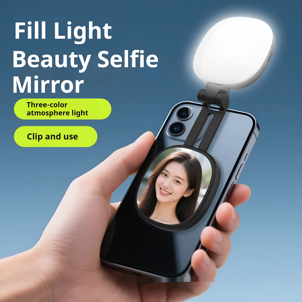 Mini portable mobile phone fill light with magnetic holder showing three colour temperature settings