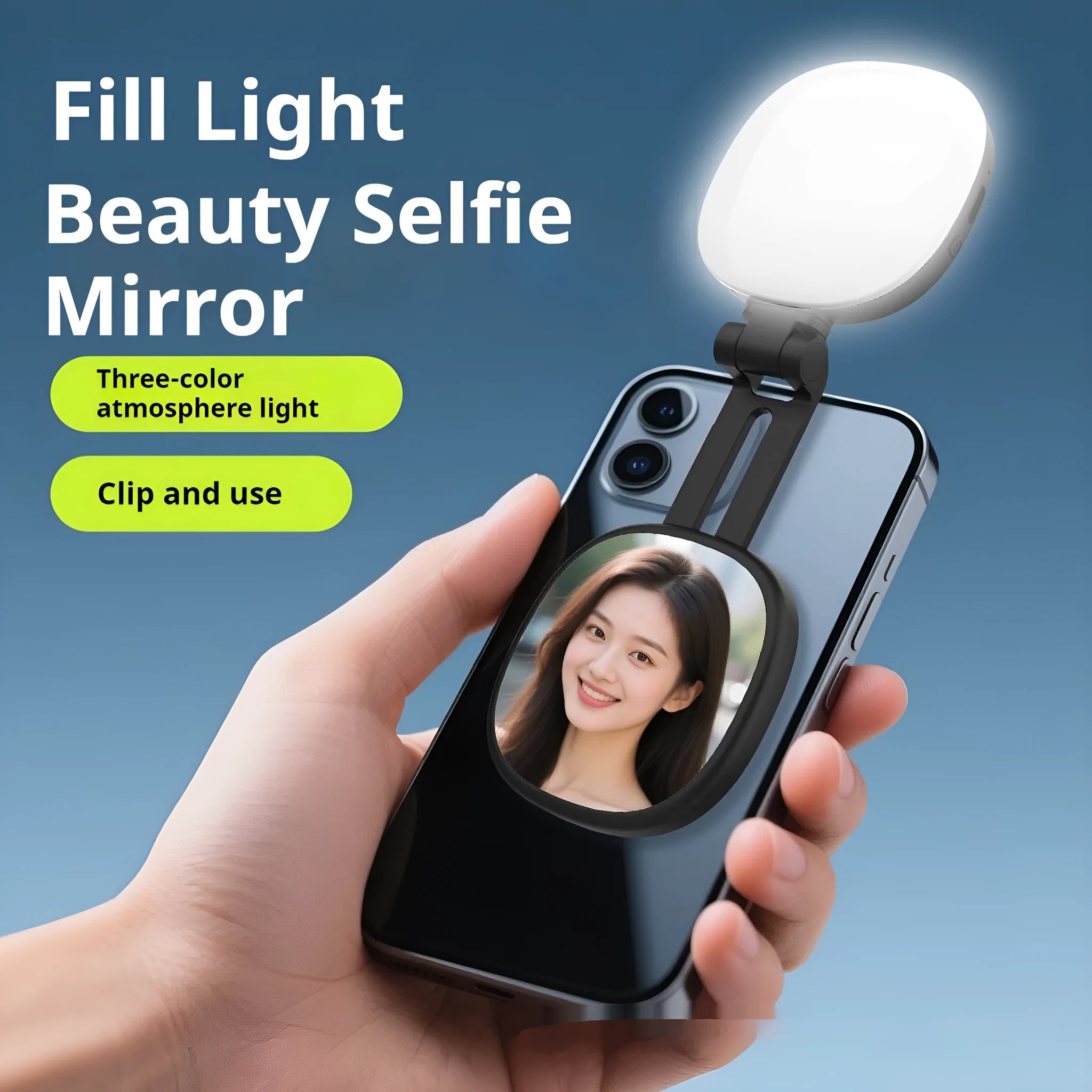 Mini portable mobile phone fill light with magnetic holder showing three colour temperature settings