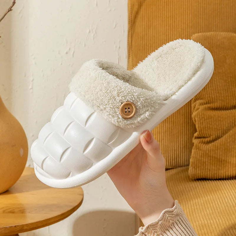 Pink detachable EVA slippers with plush lining and a flat, round-toe design for women.