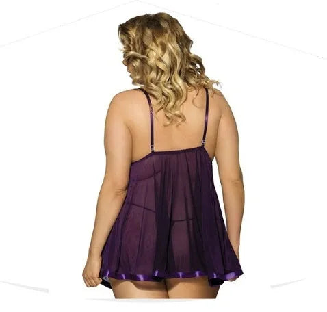 Plus-size black lace and mesh sling dress lingerie for sleepwear, shown on a hanger.