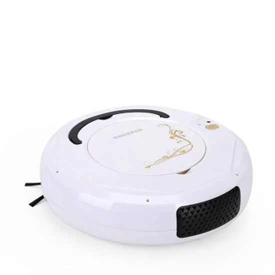Blue robotic vacuum cleaner on hardwood floor with charging cable and cleaning accessories