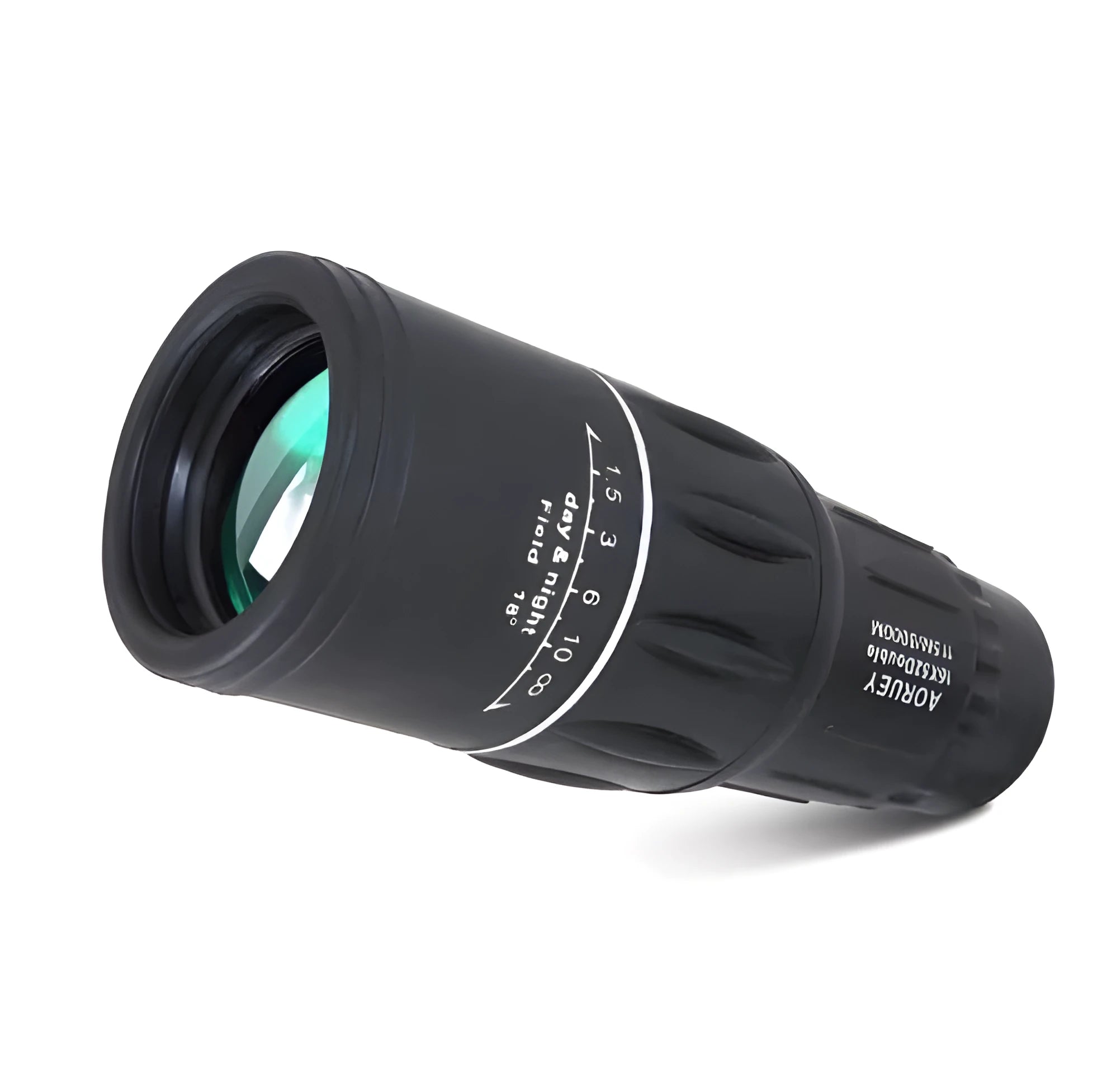 Black 16x52 monocular telescope showing eyepiece and objective lens, placed on a surface.