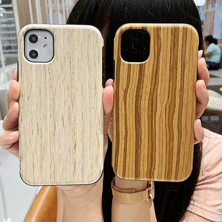 Wood phone case for iPhone showing rosewood, teak, and walnut timber options with natural grain patterns