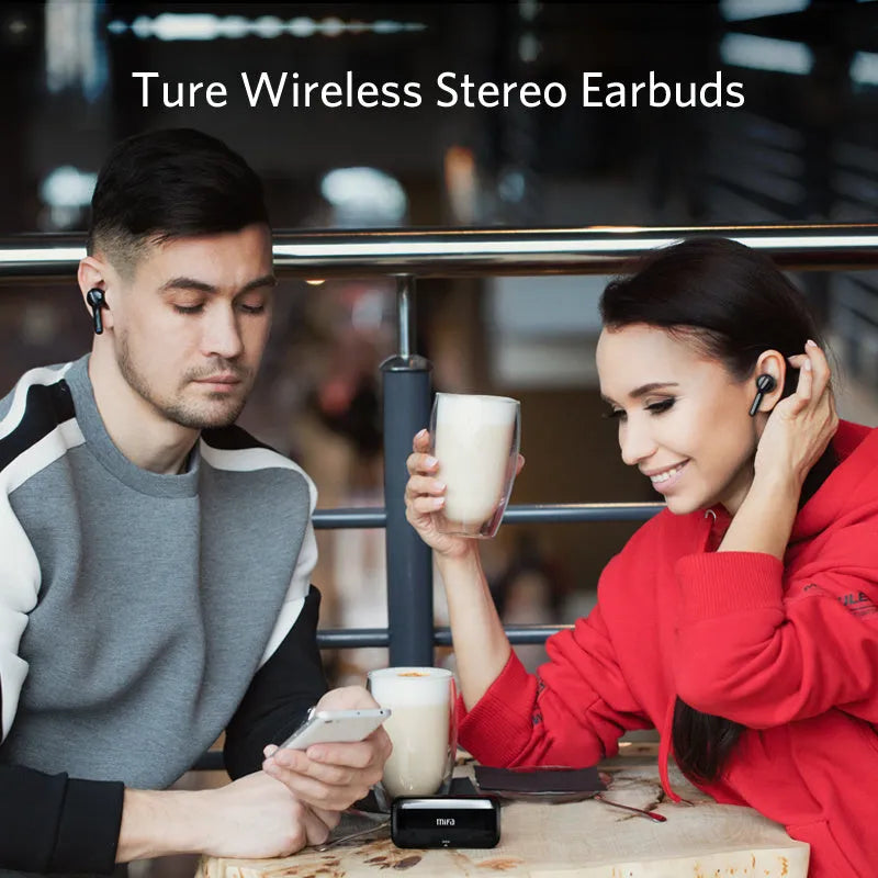 Black and white TWS wireless Bluetooth 5.0 in-ear headphones with IPX5 rating.