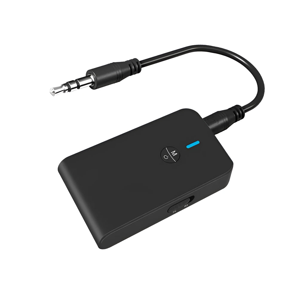Black Bluetooth audio adapter with 3.5mm AUX cable and external power supply