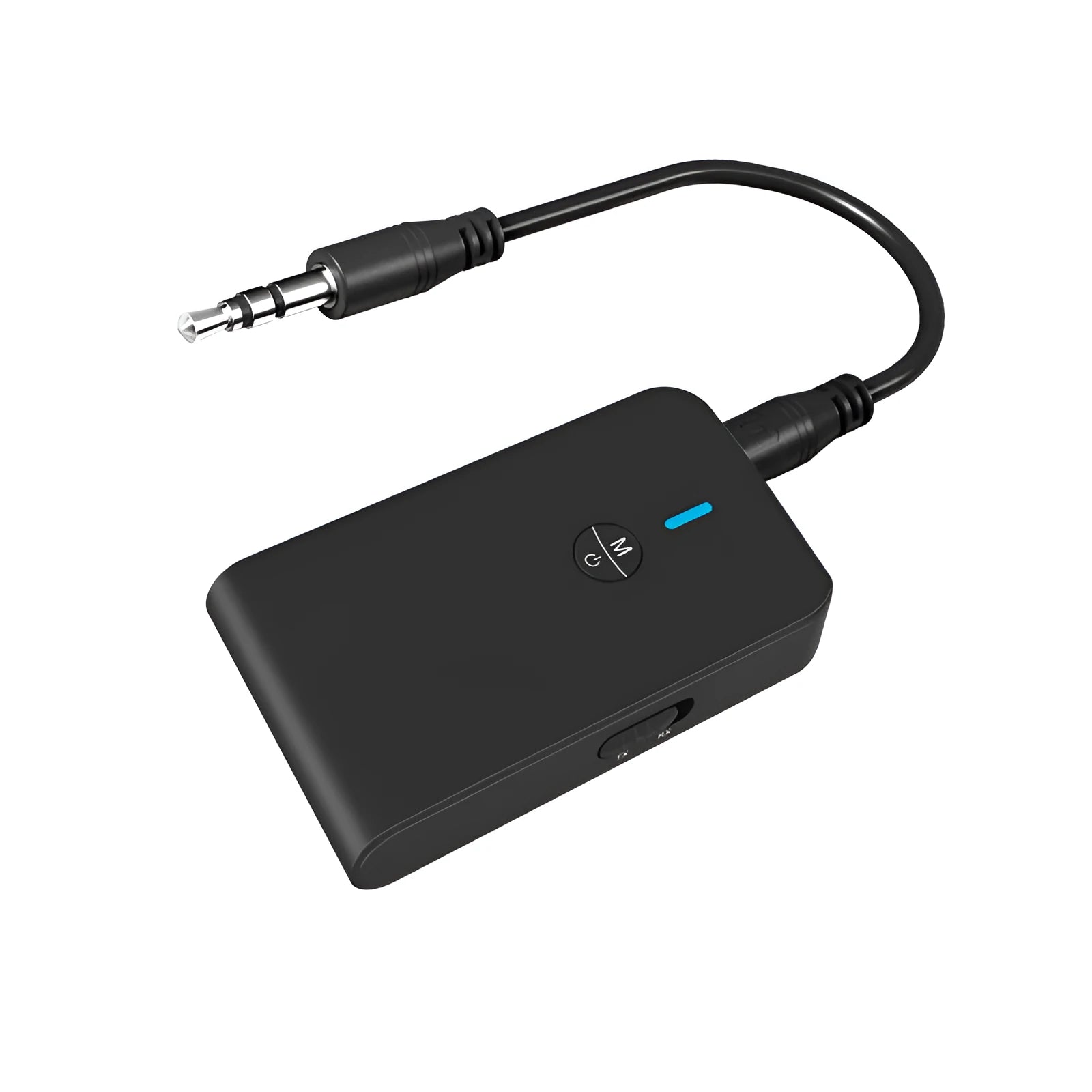 Black Bluetooth audio adapter with 3.5mm AUX cable and external power supply