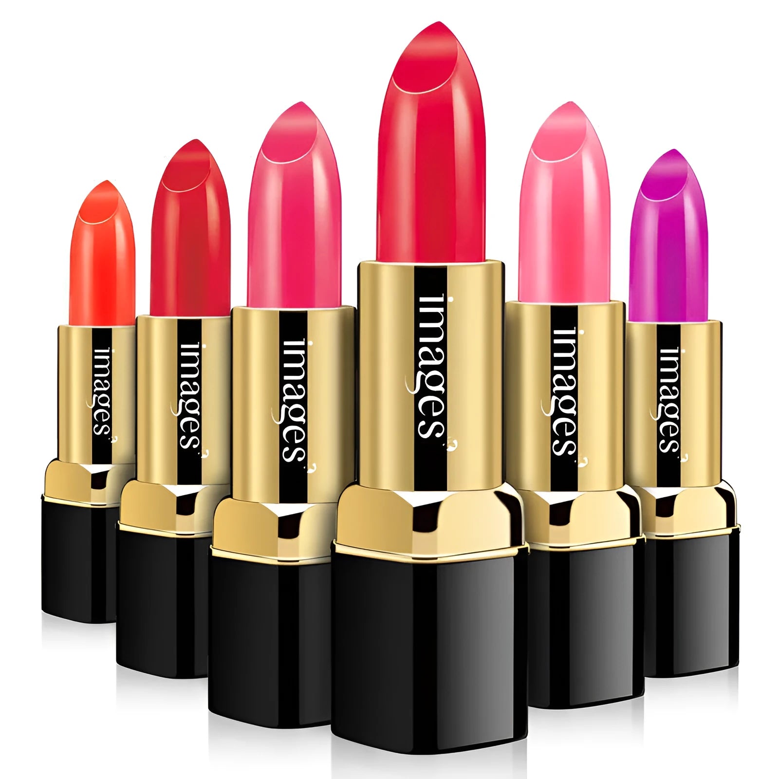 Moisturising lipstick in a case showing one of ten colours, including coral red, bright orange, and baby pink.
