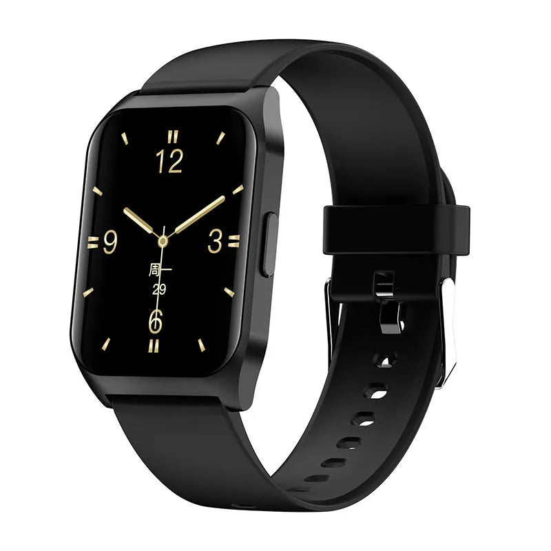 Black Bluetooth smartwatch with 1.69-inch display showing heart rate monitoring interface