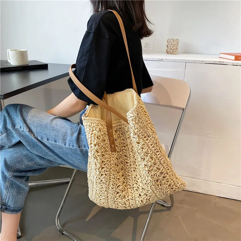 Large woven straw tote bag in khaki with single shoulder strap