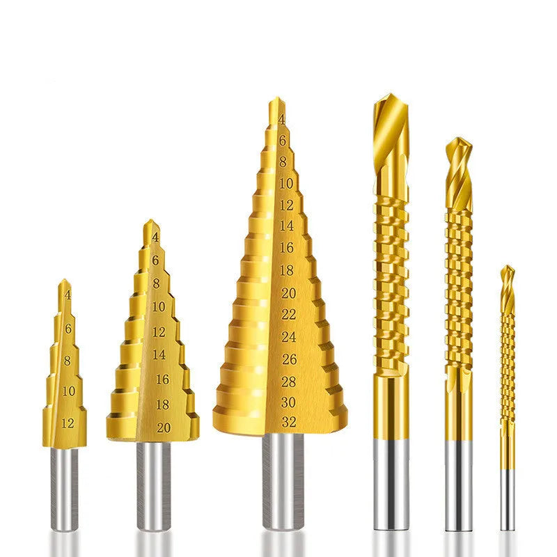 High speed steel step drill bit set with centre punch showing multiple hole sizes from 3mm to 32mm