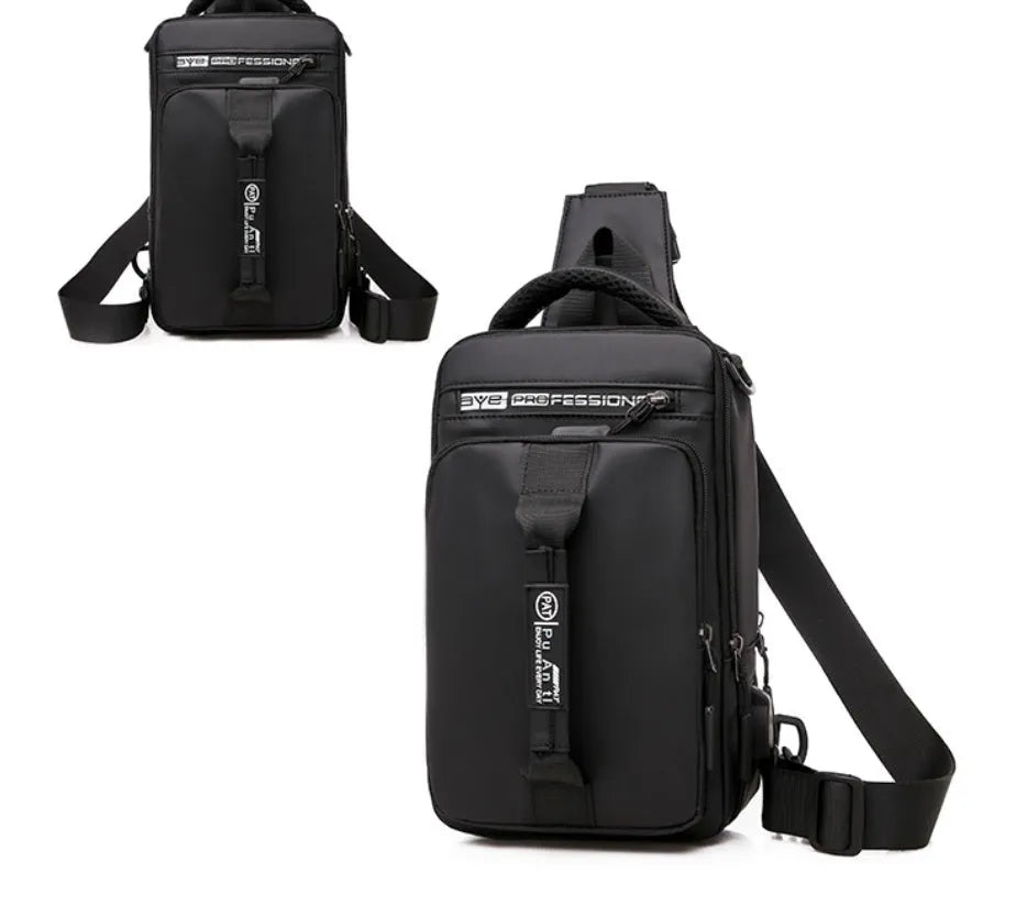 Casual outdoor chest bag in Oxford cloth, medium square vertical section, zipper closure, black colour, soft handle
