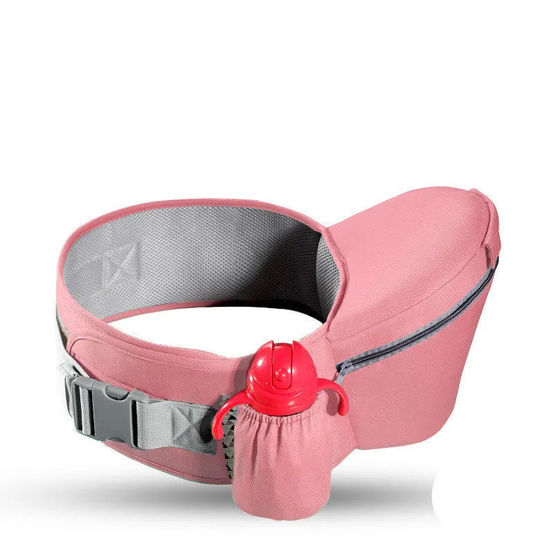 Baby carrier waist stool walker in blue with padded waist belt and hipseat, front zipper bag and side mesh bag visible