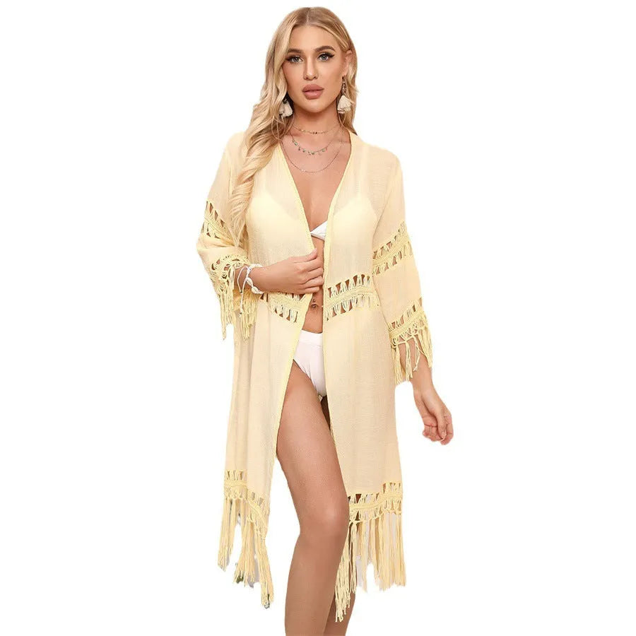 Women's yellow hand-crocheted acrylic beach cardigan cover-up with tassels