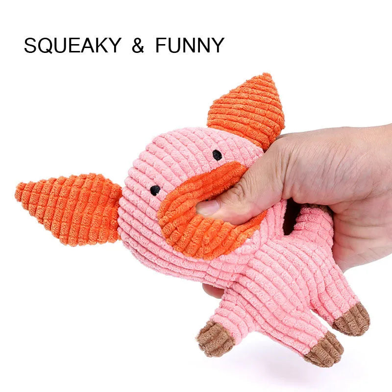 Animal-shaped plush dog chew toy with squeaker in assorted colours including blue, brown, and cow print.